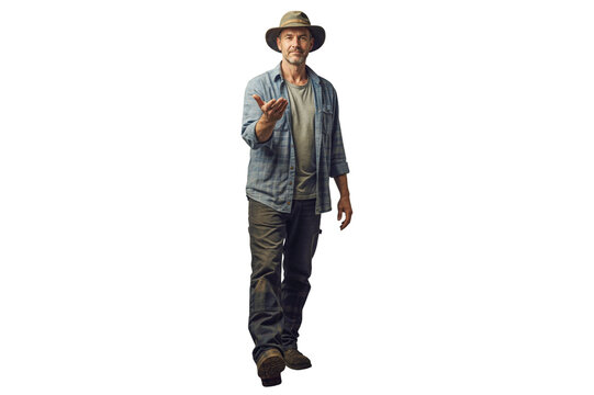 Isolated farmer man in safari hat walking forward with welcoming hand gesture