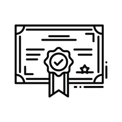 Black and white line icon of a certificate or diploma with a verification seal and ribbon, isolated on