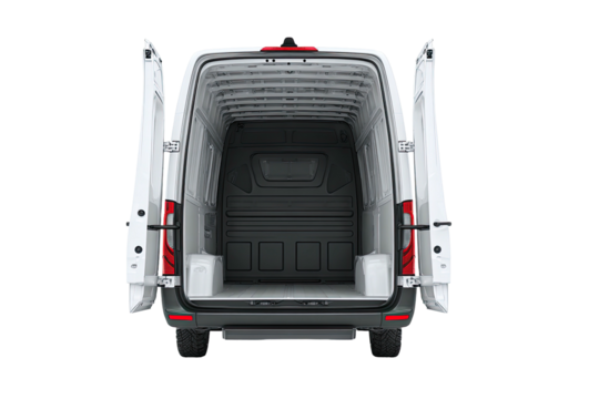 A white cargo van with open rear doors, revealing an empty interior and the vehicle's design