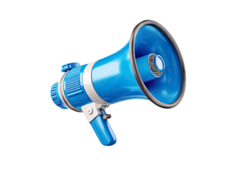 A vibrant blue megaphone isolated with a seamless design on transparent background