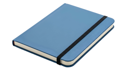 A closed, blue notebook with an elastic band, isolated on a black background