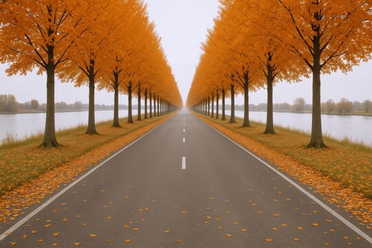 Autumnal Road With Trees and Fallen Leaves Leading to the Horizon, Symbolizing Opportunities and Journeys