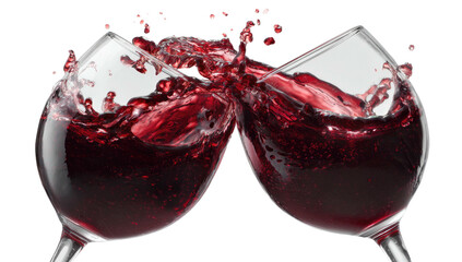 Two crystal stemmed glasses clink, dark red liquid splashing upward in celebration