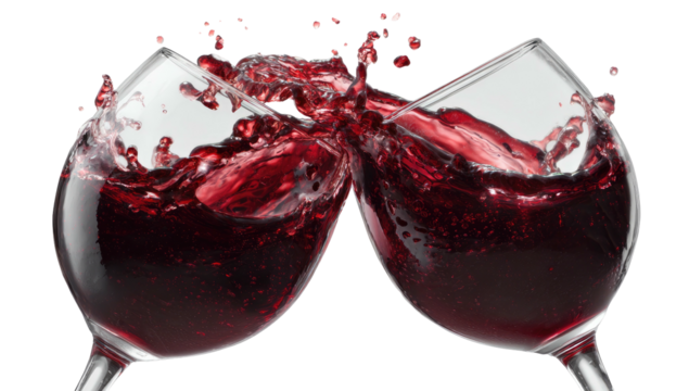 Two crystal stemmed glasses clink, dark red liquid splashing upward in celebration