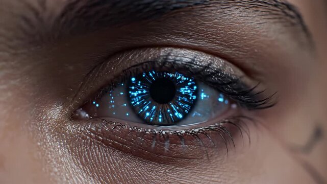 Close-up of an eye with a bright blue, radiating light inside
