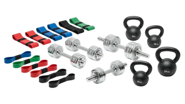 Fitness equipment assortment bands, dumbbells, and kettlebells, black background