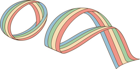 A white background serves as the canvas for a collection of flowing, ribbon-like forms. These forms twist, turn, and loop across the frame, each rendered with a vibrant, gradient color scheme. The pal