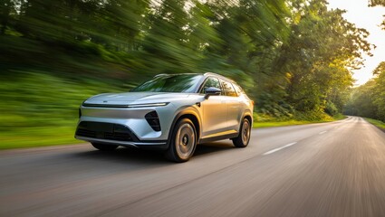 Obraz premium Dynamic front side view of a modern silver electric SUV driving fast on an asphalt forest road during golden hour sunset with motion blur effect 