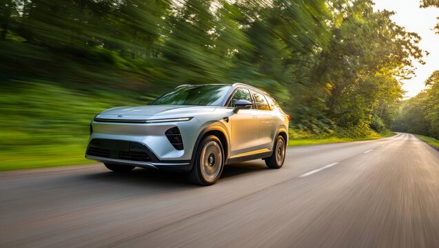 Dynamic front side view of a modern silver electric SUV driving fast on an asphalt forest road during golden hour sunset with motion blur effect
