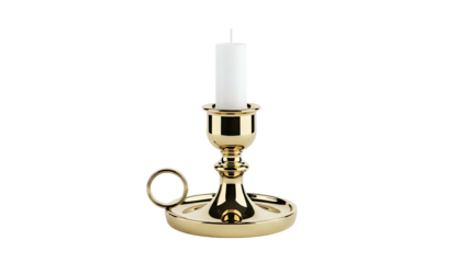 Gold candlestick holding a white candle against a black background