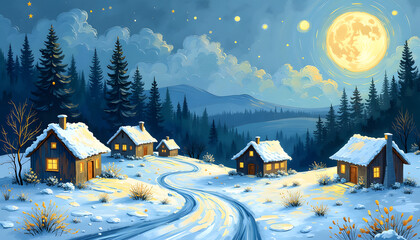 Winter landscape with snow-covered houses, a road, and a bright full moon