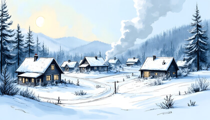 Winter village scene with snow-covered houses and a winding road