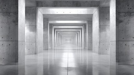Obraz premium Modern Concrete Architecture Hallway Tunnel with Diminishing Perspective and Polished Floor Reflection, Contemporary Design