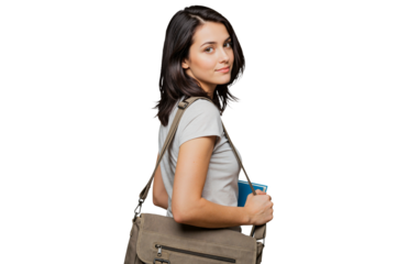 Isolated young female student with shoulder bag holding books looking back