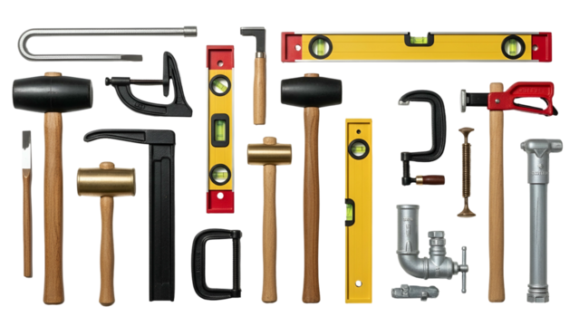 Assortment of construction hand tools arranged against a black backdrop
