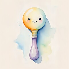Soft and colorful kawaii watercolor illustration of a baby rattle with a smiling face, gentle pastel palette, perfect for nursery prints, baby shower designs, children’s books