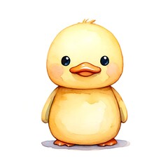 Sweet kawaii watercolor illustration of a standing yellow duckling with big shiny eyes, soft pastel tones, perfect for baby books, nursery prints, stickers, and children’s learning materials