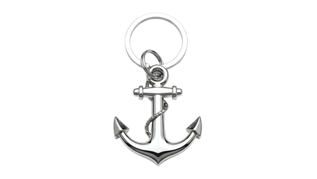 Shiny, metallic anchor on black backdrop, with ring and rope detail