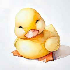 Charming kawaii watercolor illustration of a chubby sitting duckling with a warm smile, soft yellow tones, perfect for baby products, nursery posters, flashcards, and stickers.