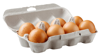 Six brown eggs nestled securely inside a fiber carton on transparent background