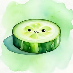 Kawaii watercolor illustration of a cucumber slice with a cute face. Fresh green tones, soft textures, and a clean white background make this artwork perfect for kids’ flashcards