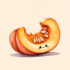 Charming kawaii-style watercolor illustration of a pumpkin slice with a cute smiling face. Warm orange tones and soft painted textures make it great for children’s educational materials