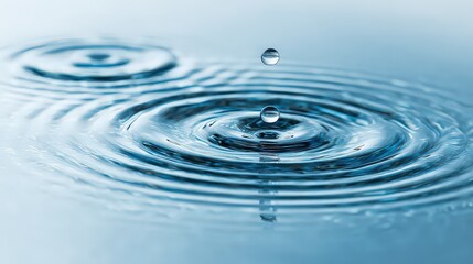 Close Up of a Water Droplet Impacting Surface Creating Ripples in Blue Hues with Focus on Splash and Water Rings for Calmness and Purity