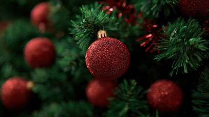 Close up of a sparkling red glitter christmas ornament on a festive green tree with bokeh