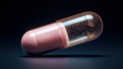 Sparkling rose gold and transparent capsule with shimmering contents on a dark background