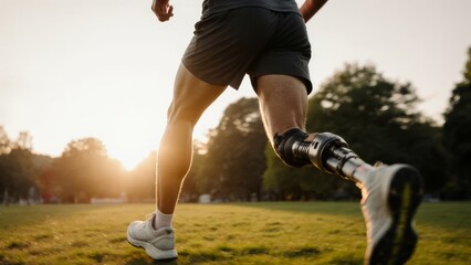 Low angle close-up rear view of a male athlete with a prosthetic leg running on green grass in a park under warm golden hour sunset light

