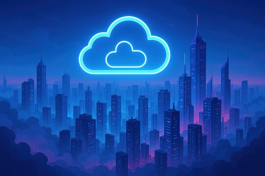 Cityscape with Cloud Technology: Futuristic Urban Data Storage and Networking Infrastructure for Digital Solutions