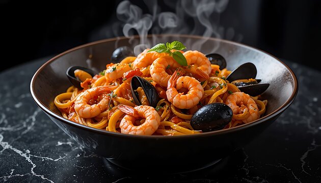 ​A richly textured, close-up shot of a large bowl of hot seafood pasta (likely Linguine allo Scoglio or similar) generously topped with vibrant orange shrimp (prawns) and black mussels. 