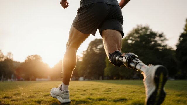 Low angle close-up rear view of a male athlete with a prosthetic leg running on green grass in a park under warm golden hour sunset light
 - Powered by Adobe