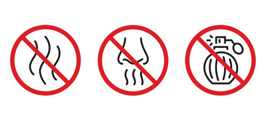 Anti bad smell, odor control, fragrance free editable stroke outline icons set isolated on white background flat vector illustration. Pixel perfect. 64 x 64.