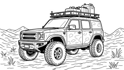 Off-road SUV illustration in black and white, ready for adventure