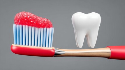 Toothbrush with vibrant red toothpaste and a shiny white tooth floating beside it, illustrating dental hygiene essentials and promoting oral care awareness in a visually engaging manner