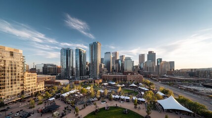 Fototapeta premium Downtown city park hosts a vibrant outdoor event surrounded by modern buildings at golden hour