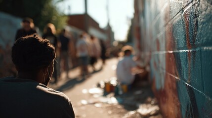 Observing urban art: a person watches an artist paint a vibrant mural in a sunlit alley
