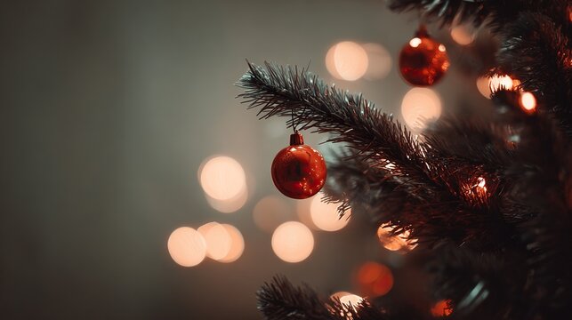 Close-up of a festive christmas tree branch adorned with red ornaments and warm bokeh lights - Powered by Adobe