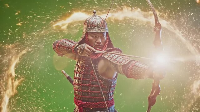 Green Screen warrior with bow and arrow on set scene 3 distortion, overlay, glitch, static noise, scan lines black background, 4k animated video loop