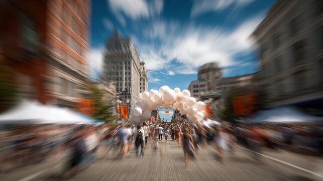 Urban festival street with dynamic motion blur, people, white balloons, and tall buildings