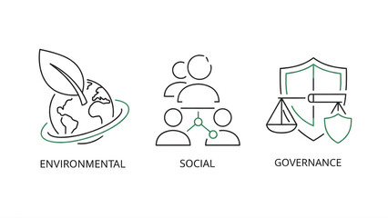 Obraz premium Minimal green-accent ESG icons representing Environmental, Social, and Governance principles, isolated on white for corporate sustainability reports and responsible investment visuals.