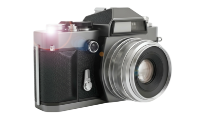 Classic film camera with lens facing viewer, flash glinting