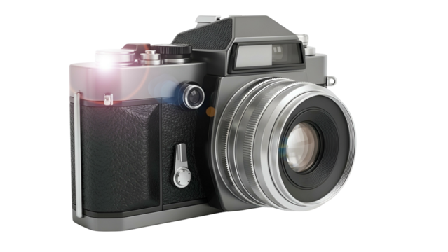 Classic film camera with lens facing viewer, flash glinting