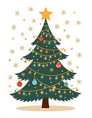 Fototapeta premium Festive Christmas tree illustration with ornaments, lights, and star