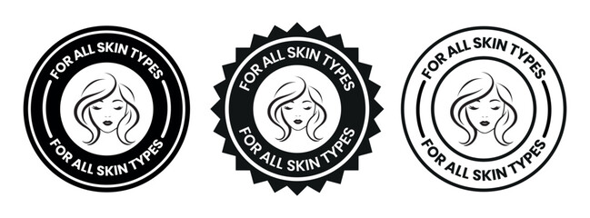For all skin types label icon set. Face beauty women skin care packaging label for cream, toner, moisturizer, facial mask, lotion, logo, badge, symbol, black, line vector, isolated on white background