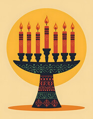 Hanukkah menorah illustration with lit candles and a yellow background