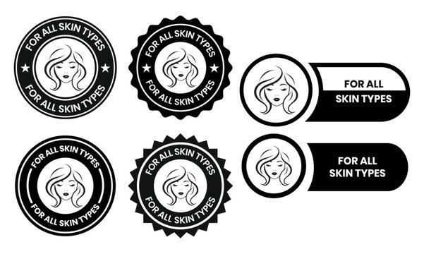 For all skin types label icon set. Face beauty women skin care packaging label for cream, toner, moisturizer, facial mask, lotion, logo, badge, symbol, black, line vector, isolated on white background