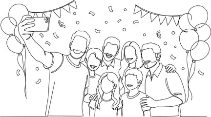 Family taking a selfie at a celebration with balloons and confetti line drawing