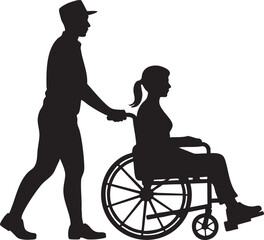 Fototapeta premium Man in cap pushes woman in wheelchair together in silhouetted profile scene